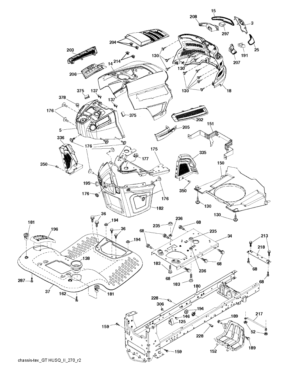 Chassis And Enclosures Diagram and Parts List for YTH1842 (917223810)(2017-12) Husqvarna Lawn Tractor