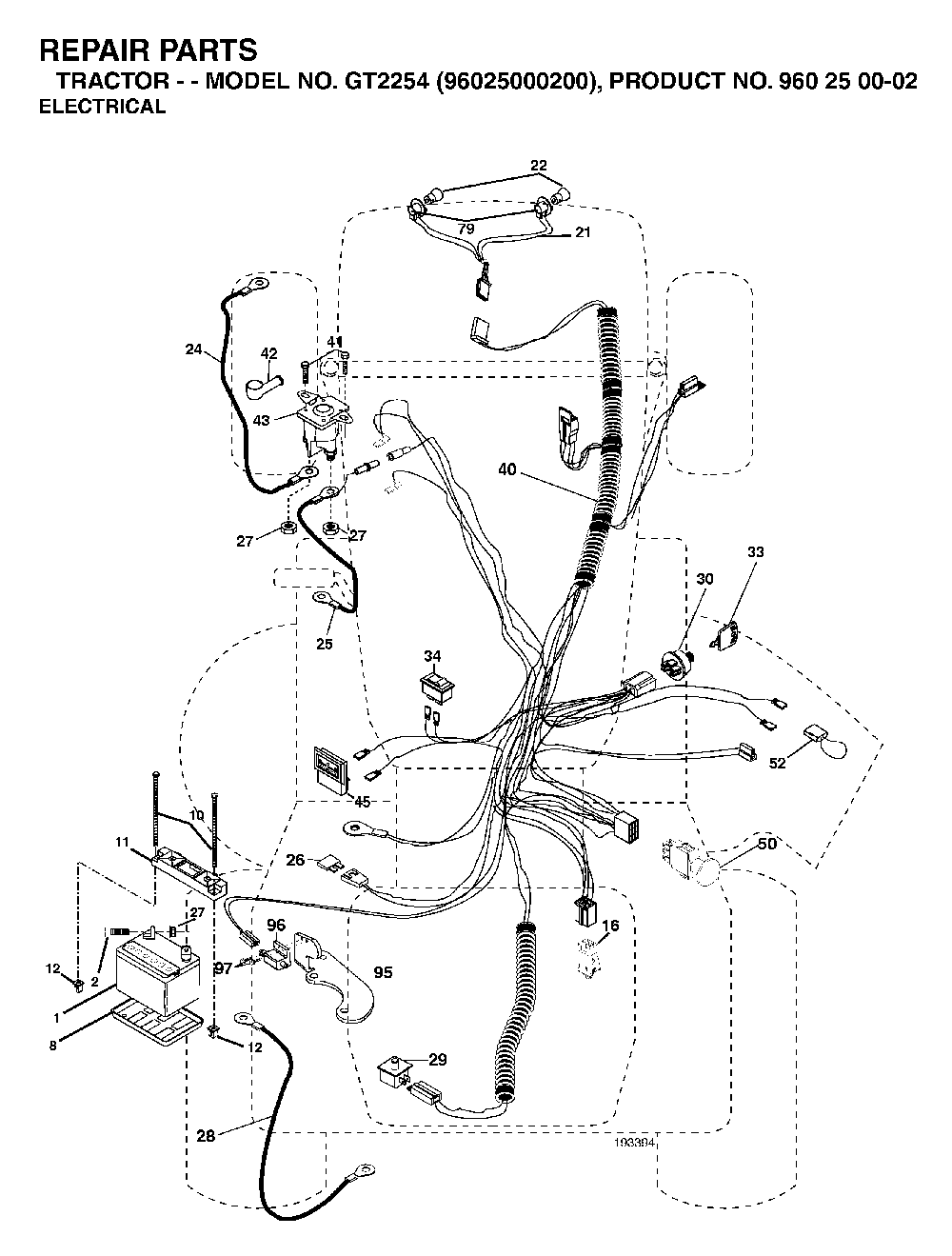 Electrical Diagram and Parts List for GT2254 (96025000200)(2005-05) Husqvarna Lawn Tractor