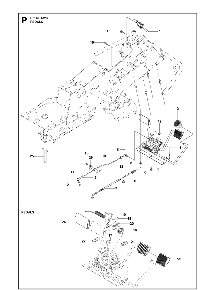Pedals Diagram and Parts List for R316TAWD (966757601)(2012) Husqvarna Lawn Mower
