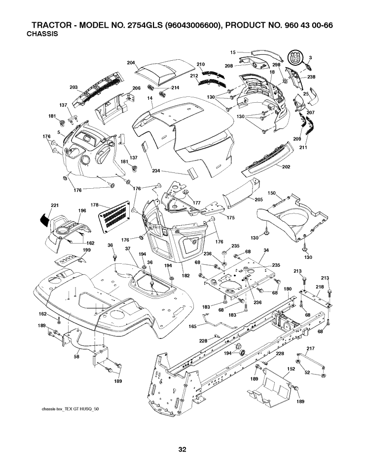 Chassis / Frame Diagram and Parts List for 2754GLS (96043006600)(2008-12) Husqvarna Lawn Tractor