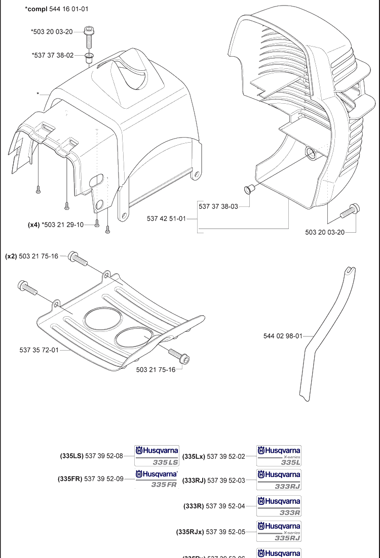 Top Cover / Muffler Guard / Bottom Plate Diagram and Parts List for 335FR 2008-09 Husqvarna Brush Cutter
