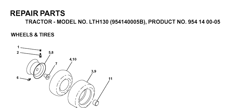 Wheels And Tires Diagram and Parts List for LTH130 (954140005B)(1997-01) Husqvarna Lawn Tractor