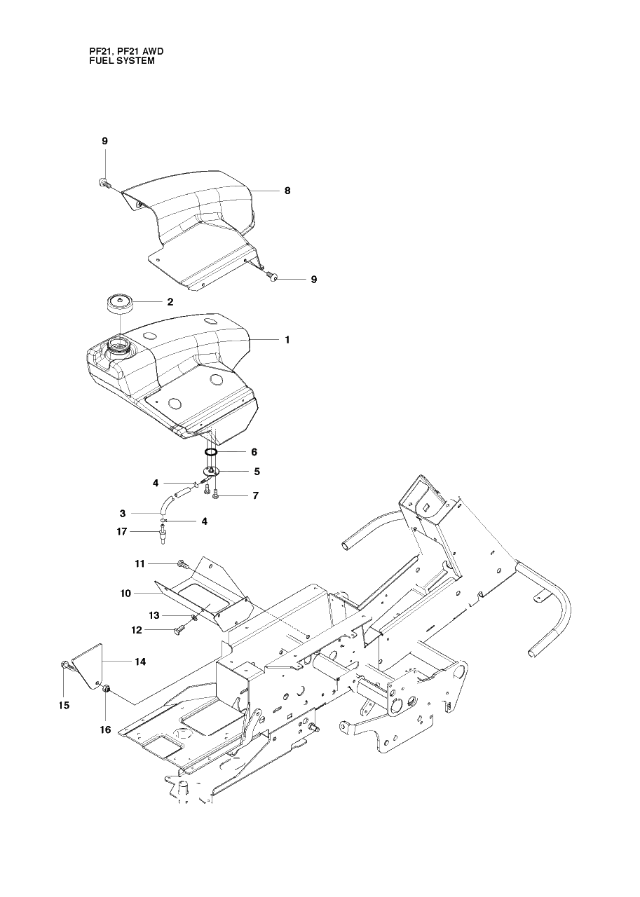Fuel System Diagram and Parts List for PF21 (965192401)(2010-07) Husqvarna Lawn Tractor