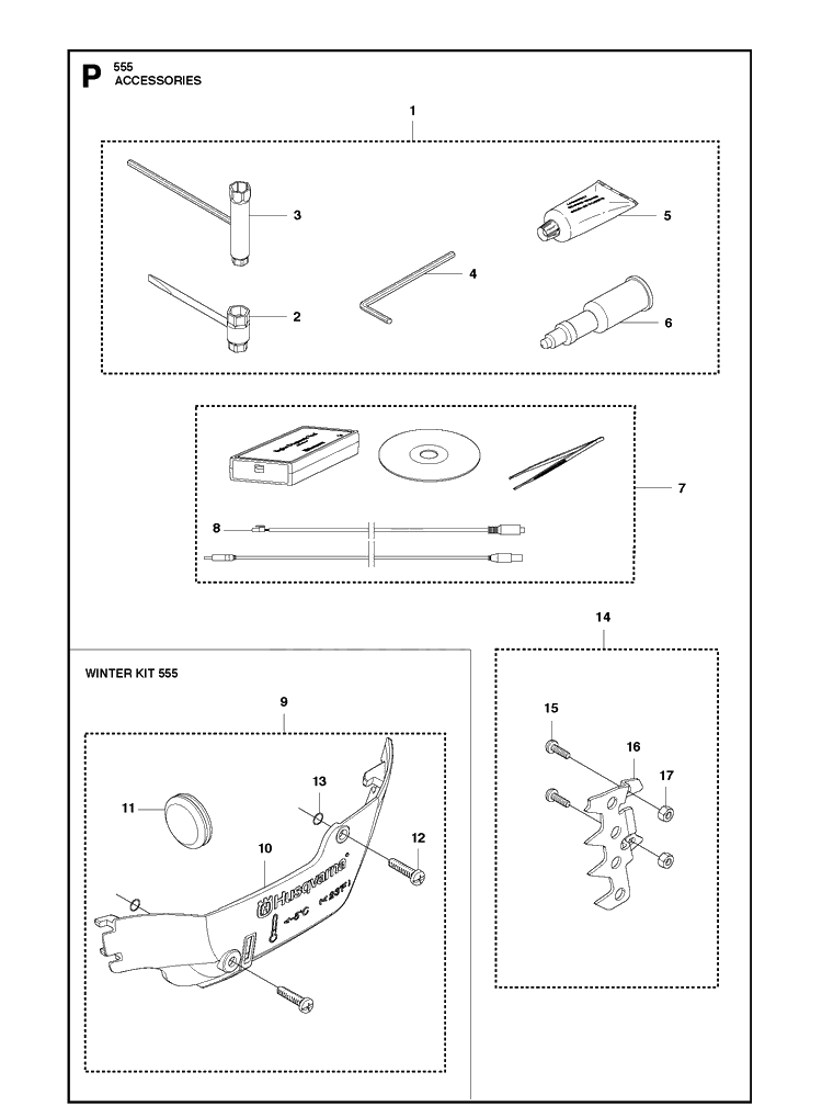 Accessories Diagram and Parts List for 555 2011-03 Husqvarna Chainsaw
