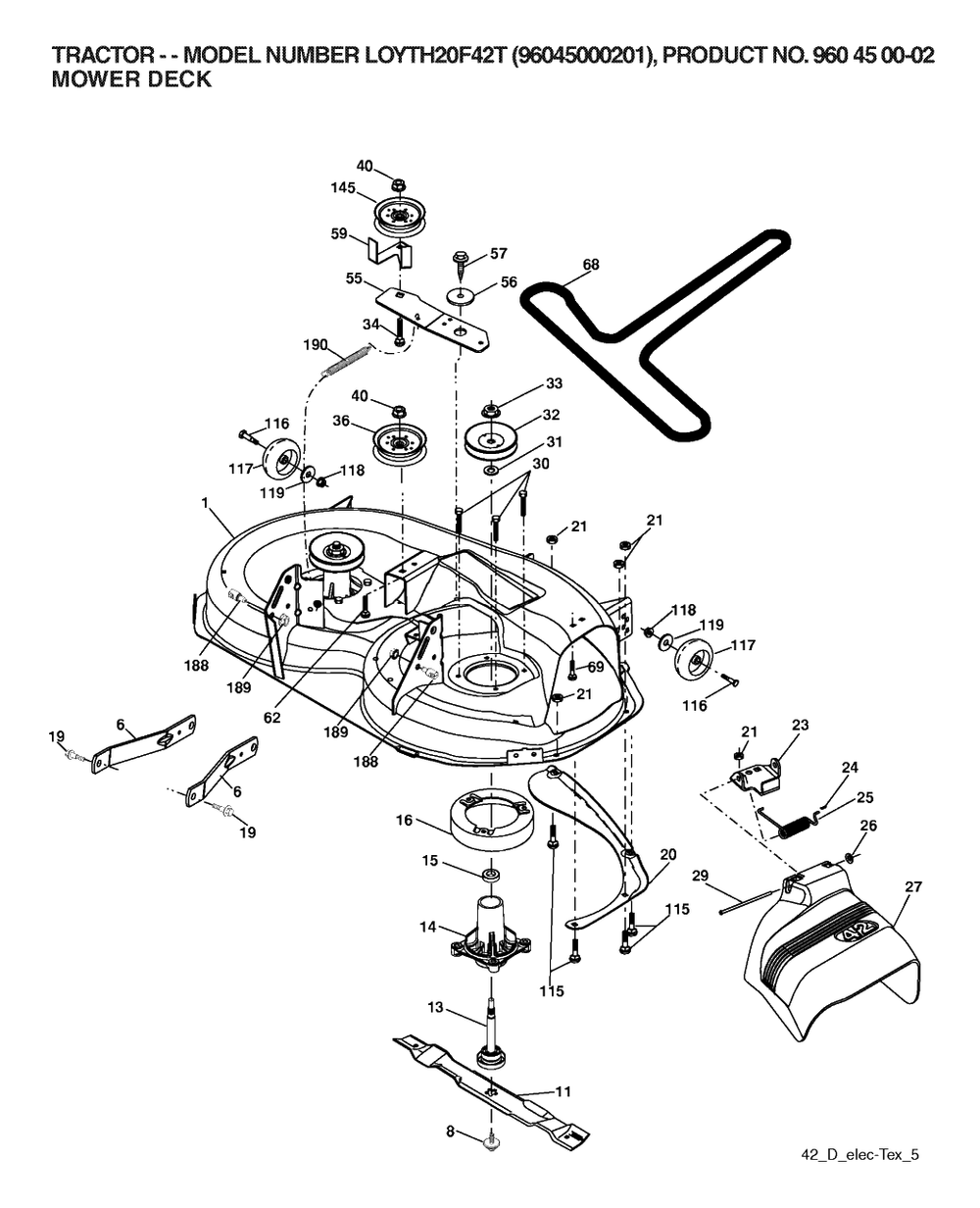 Mower Deck / Cutting Deck Diagram and Parts List for YTH20F42T (960450002-01)(2006) Husqvarna Lawn Tractor