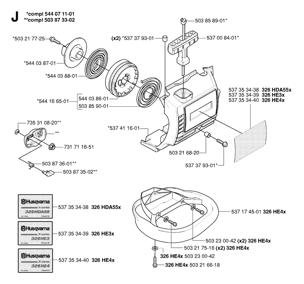 Starter Diagram and Parts List for 326HE4X 20054000001 - 20090900000 Husqvarna Hedge Trimmer
