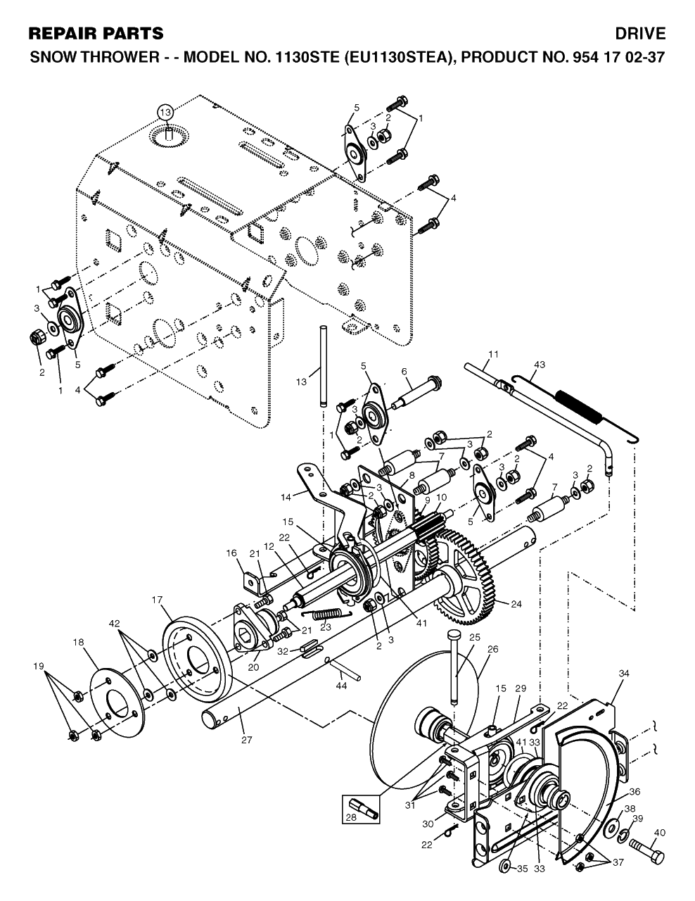 Drive Diagram and Parts List for 1130STE (954170237-A)(2004-09) Husqvarna Snow Blower
