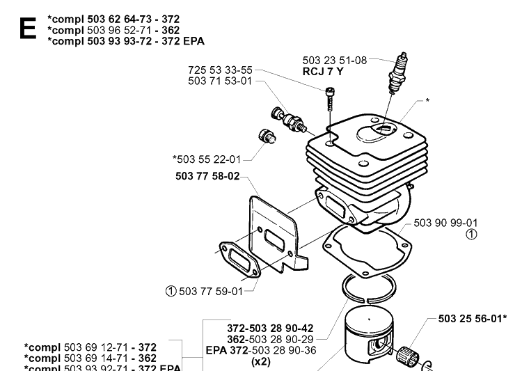 Cylinder Piston Diagram and Parts List for 362XP 19994500001-20014000000 Husqvarna Chainsaw