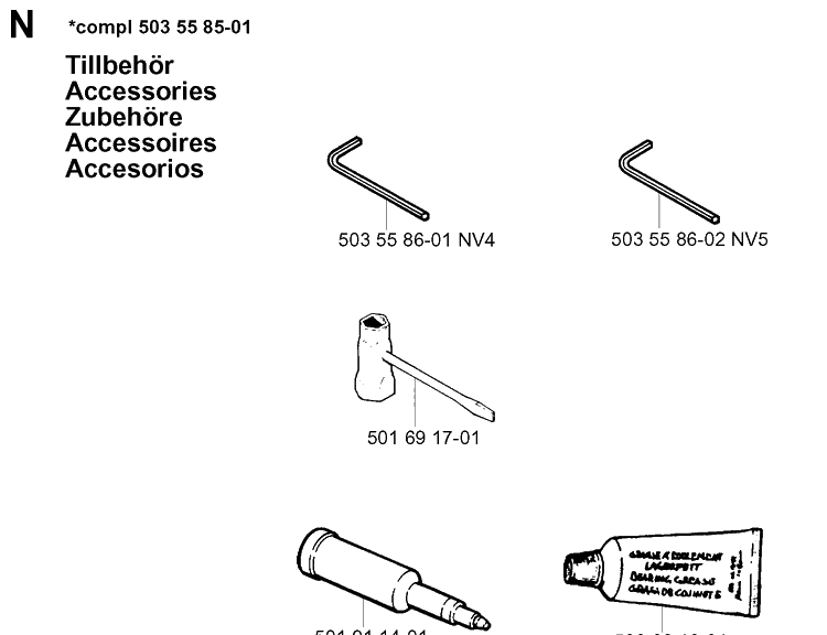 Accessories Diagram and Parts List for 262XP 19992300001-Current Husqvarna Chainsaw