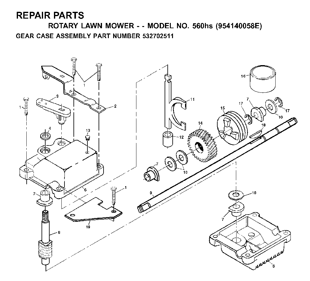 Gear Case Diagram and Parts List for 560HS (954140058E, 532702511)(1999-12) Husqvarna Lawn Mower