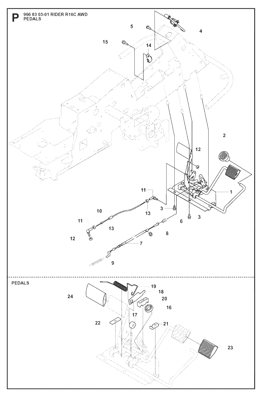 Pedals Diagram and Parts List for R16CAWD (966830301)(2008-04) Husqvarna Lawn Tractor