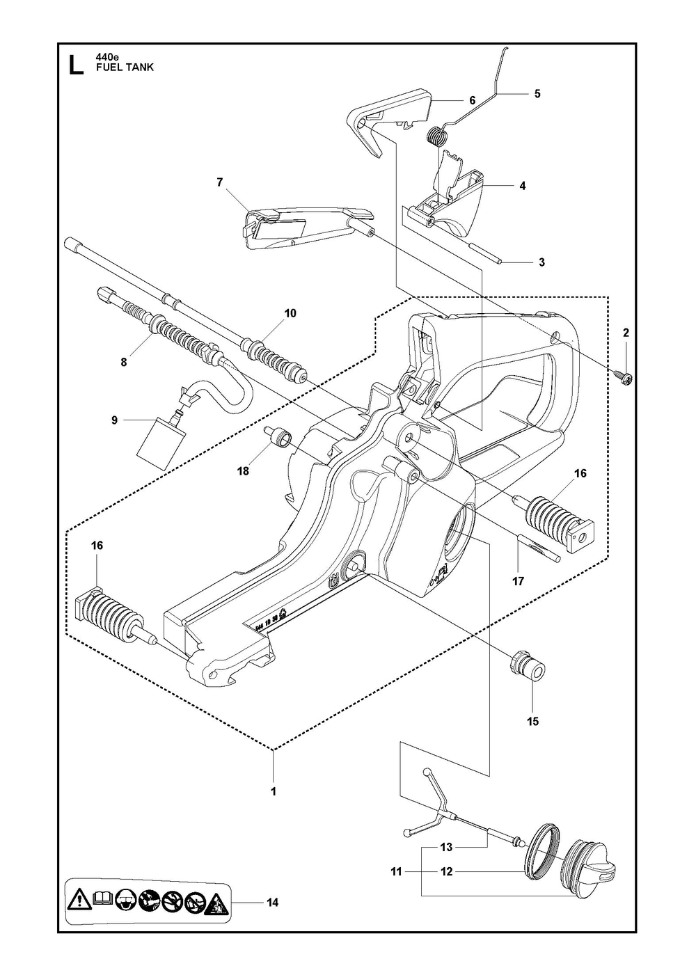 Fuel Tank Diagram and Parts List for 440 e-series Husqvarna Chainsaw