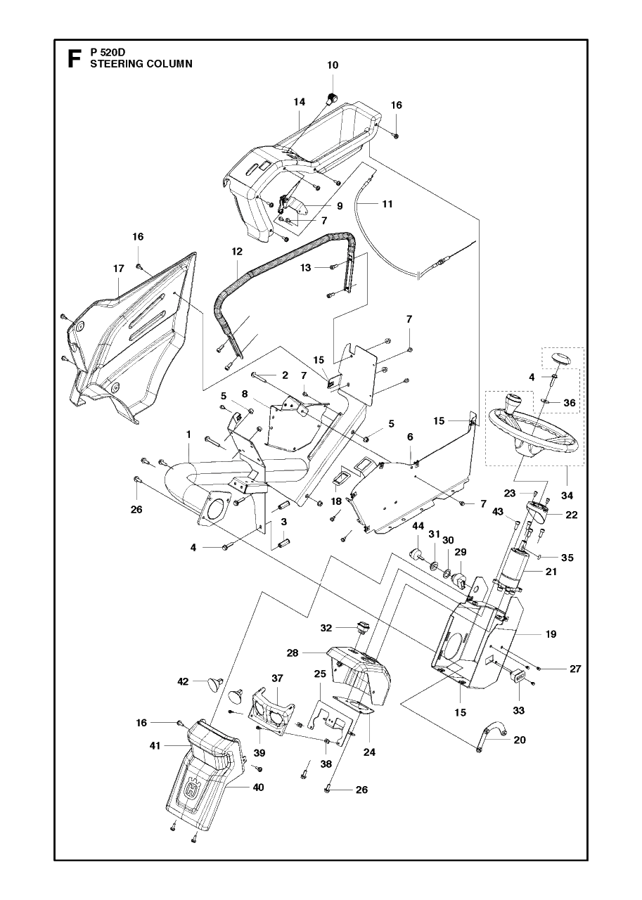 Steering Column Diagram and Parts List for P520D 20120100001 - 20143999999 Husqvarna Lawn Tractor
