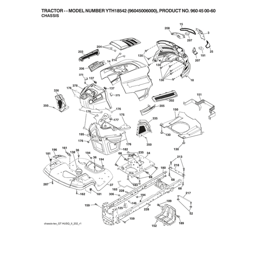 Chassis Diagram and Parts List for 96045006000  Husqvarna Lawn Tractor