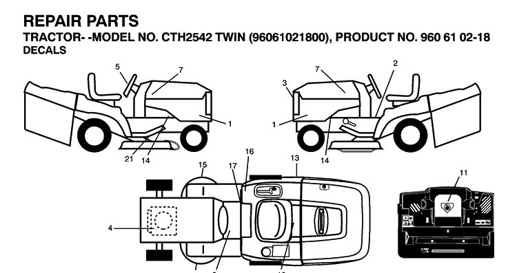 Decals Diagram and Parts List for CTH2542T (96061021800)(2007-04) Husqvarna Lawn Tractor