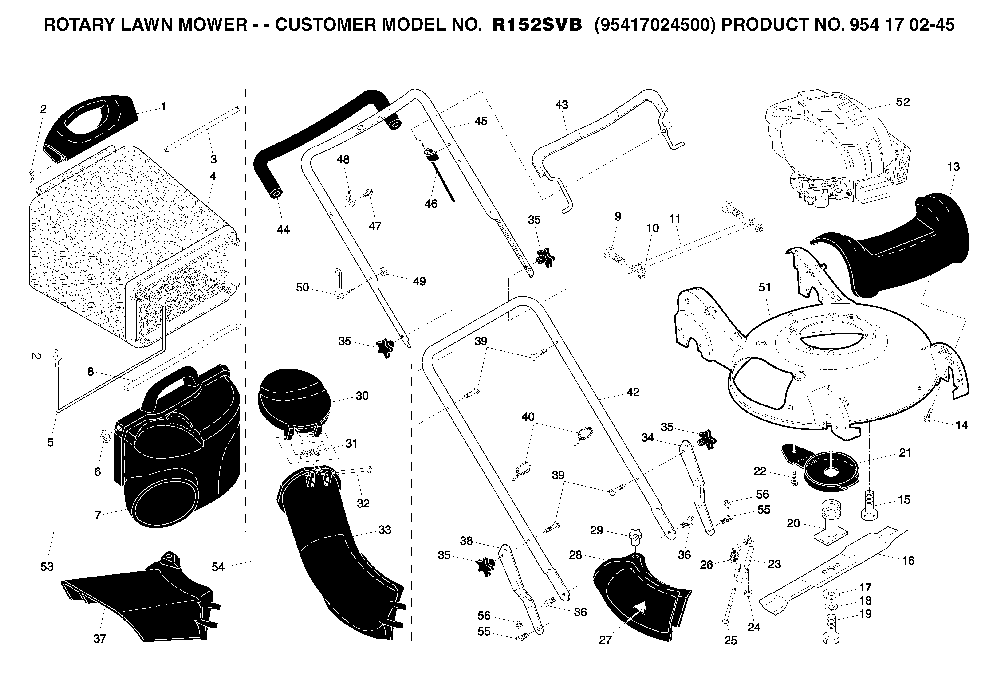 Frame And Engine Diagram and Parts List for R152SVB (95417024500, 954170245)(2005-02) Husqvarna Lawn Mower