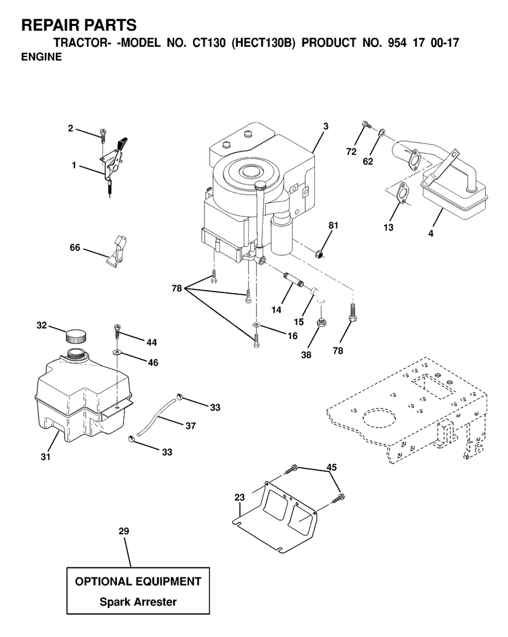 Engine And Cutting Equipment Diagram and Parts List for CT130 (954170017-B)(2000-02) Husqvarna Lawn Tractor