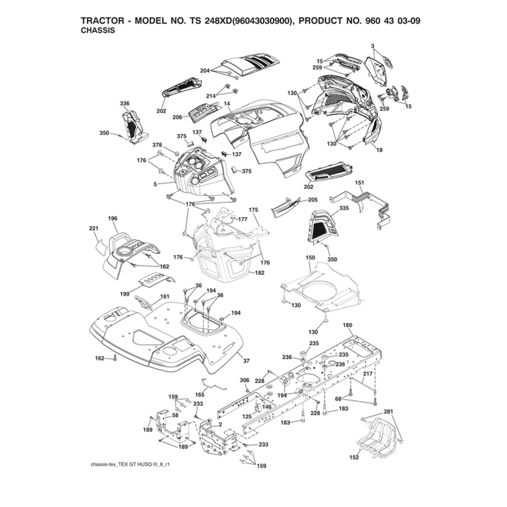 Chassis Diagram and Parts List for 96043030900  Husqvarna Lawn Tractor