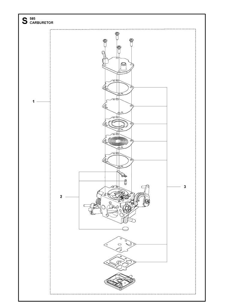 Carburetor Details Diagram and Parts List for 585  Husqvarna Chainsaw