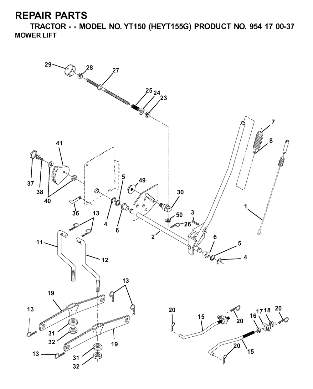 Mower Lift / Deck Lift Diagram and Parts List for YT150 (954170037-G)(2001-01) Husqvarna Lawn Tractor