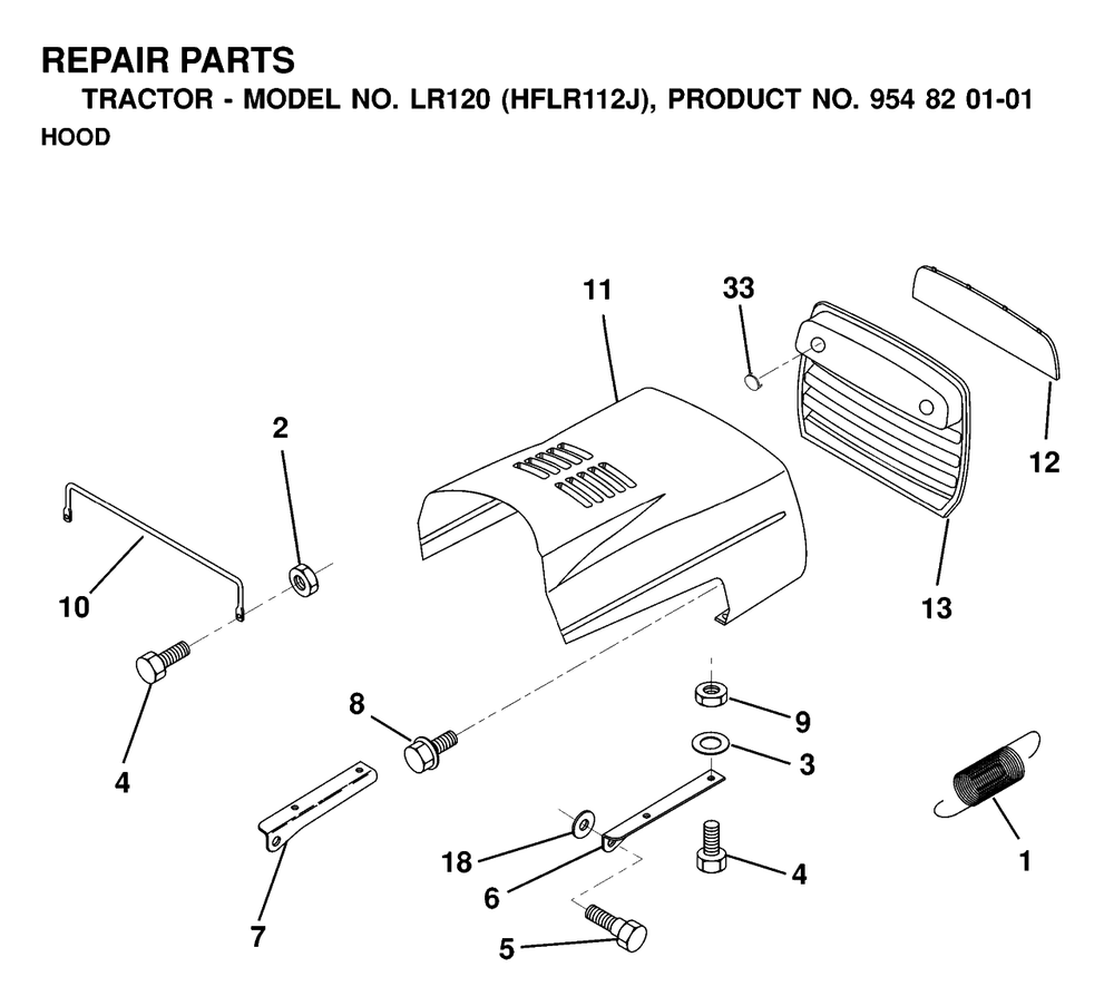 Hood Diagram and Parts List for LR120 (954820101-J)(2000-02) Husqvarna Lawn Tractor
