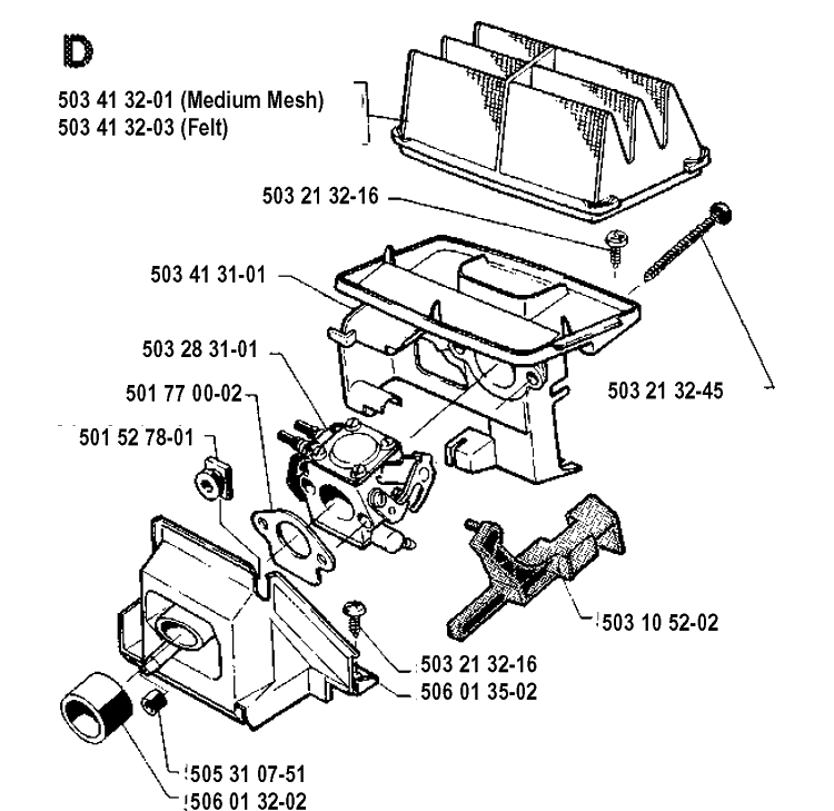 Carburetor And Air Filter Diagram and Parts List for 40 19912200001-19952300000 Husqvarna Chainsaw