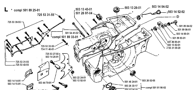 Crankcase Diagram and Parts List for 3120 19942300001-19960100000 Husqvarna Chainsaw