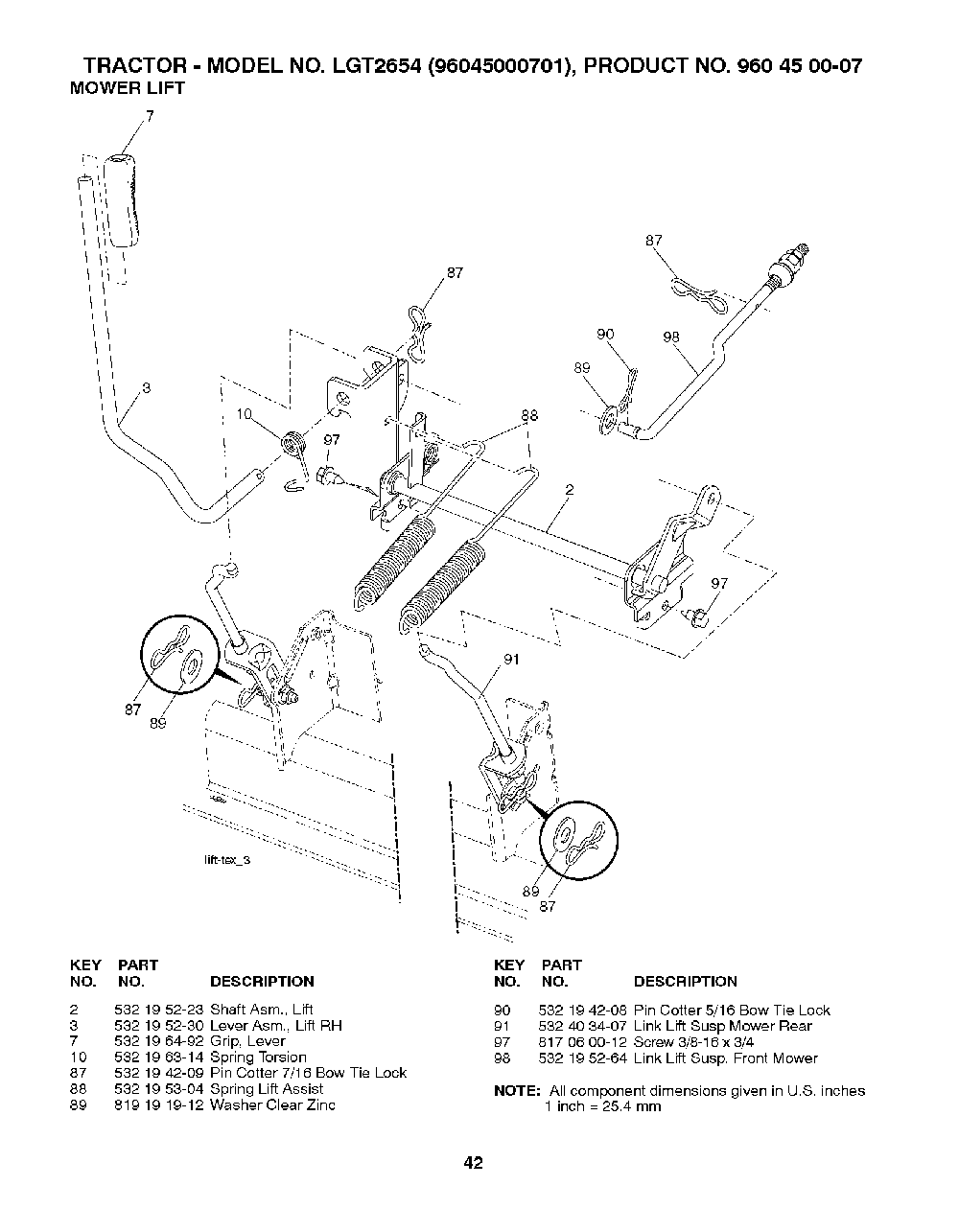 Mower Lift / Deck Lift Diagram and Parts List for LGT265496045000701 2008-01 Husqvarna Lawn Tractor