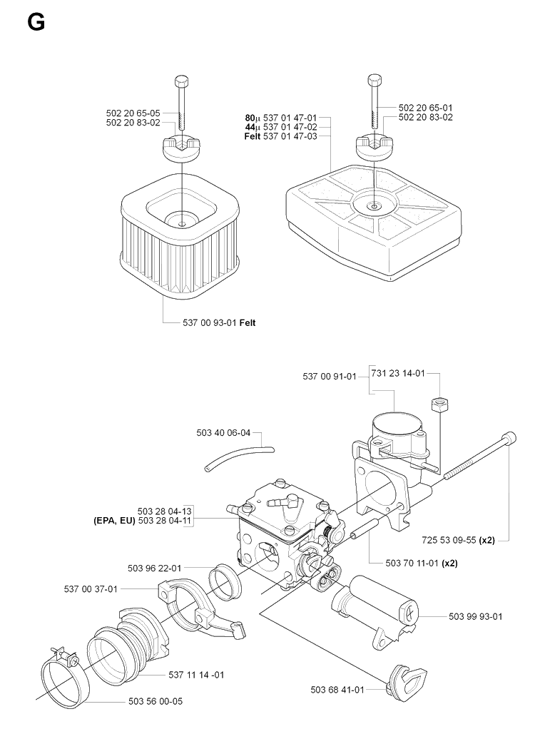 Carburetor And Air Filter 2 Diagram and Parts List for 385 20064000001-Current Husqvarna Chainsaw
