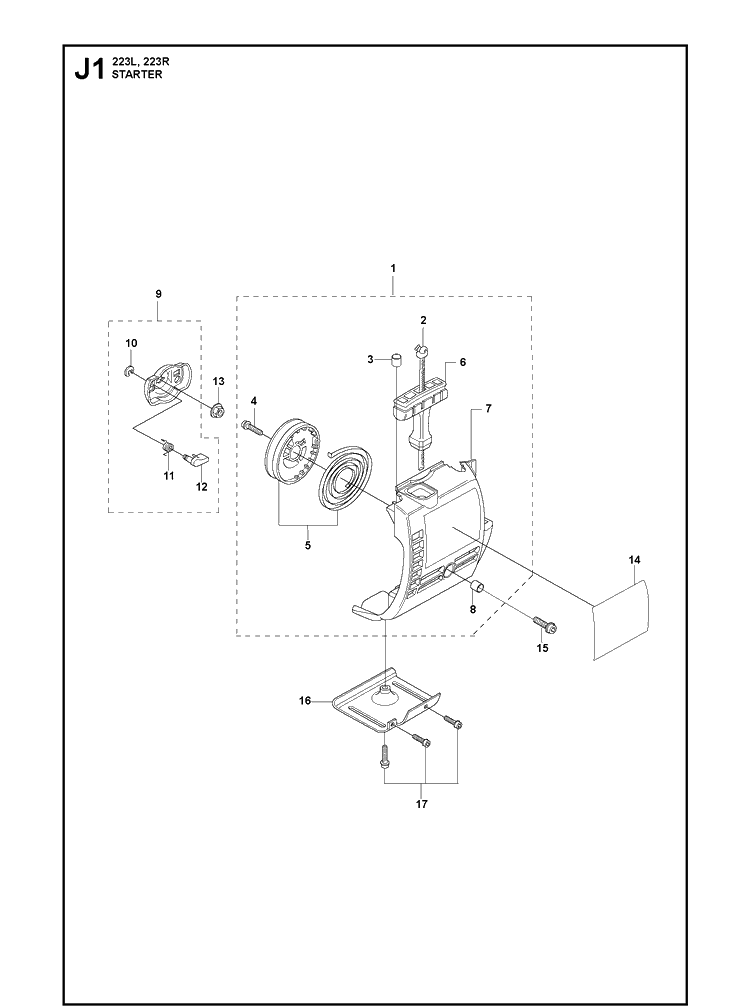 Starter Diagram and Parts List for 223R 2011 Husqvarna Brush Cutter