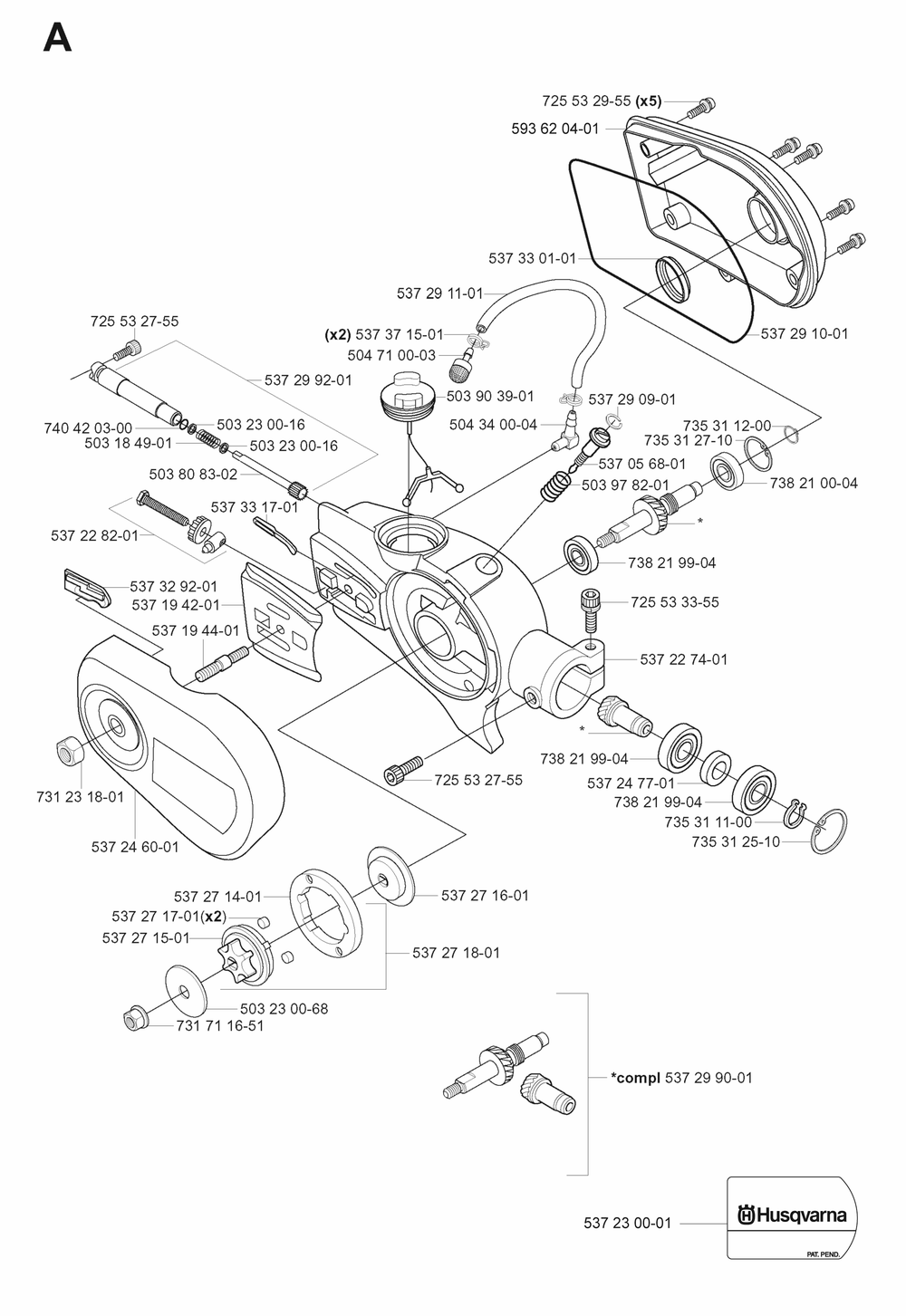 Gear Case Diagram and Parts List for 323P4 20042300001-20062700000 Husqvarna Pole Saw
