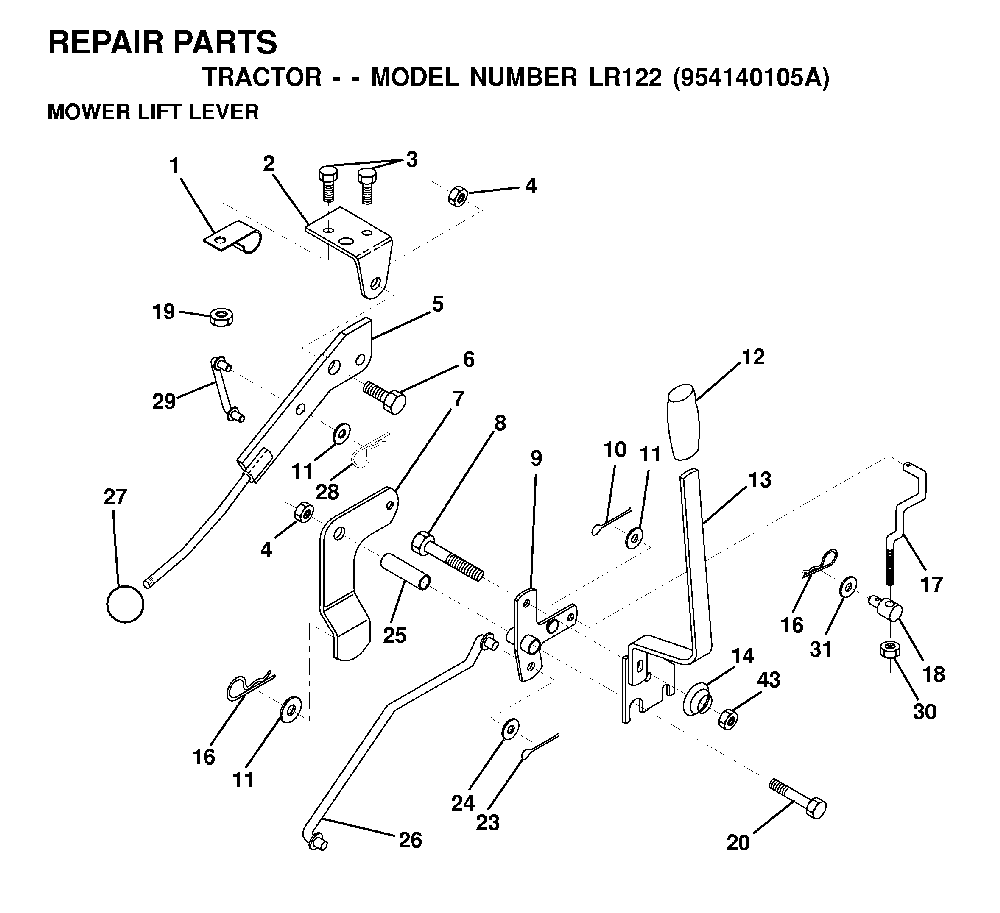 Mower Lift Lever Diagram and Parts List for LR122 (954140105A)(1999-09) Husqvarna Lawn Tractor