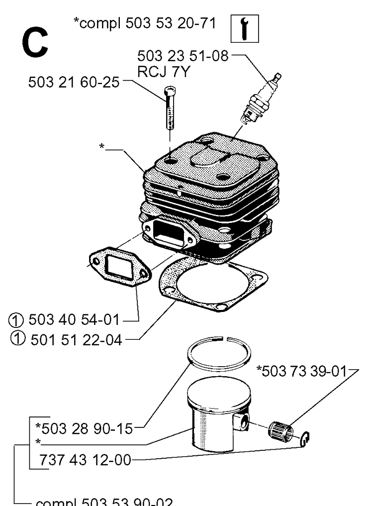 Cylinder Piston Diagram and Parts List for 61 20014000001-20110100000 Husqvarna Chainsaw