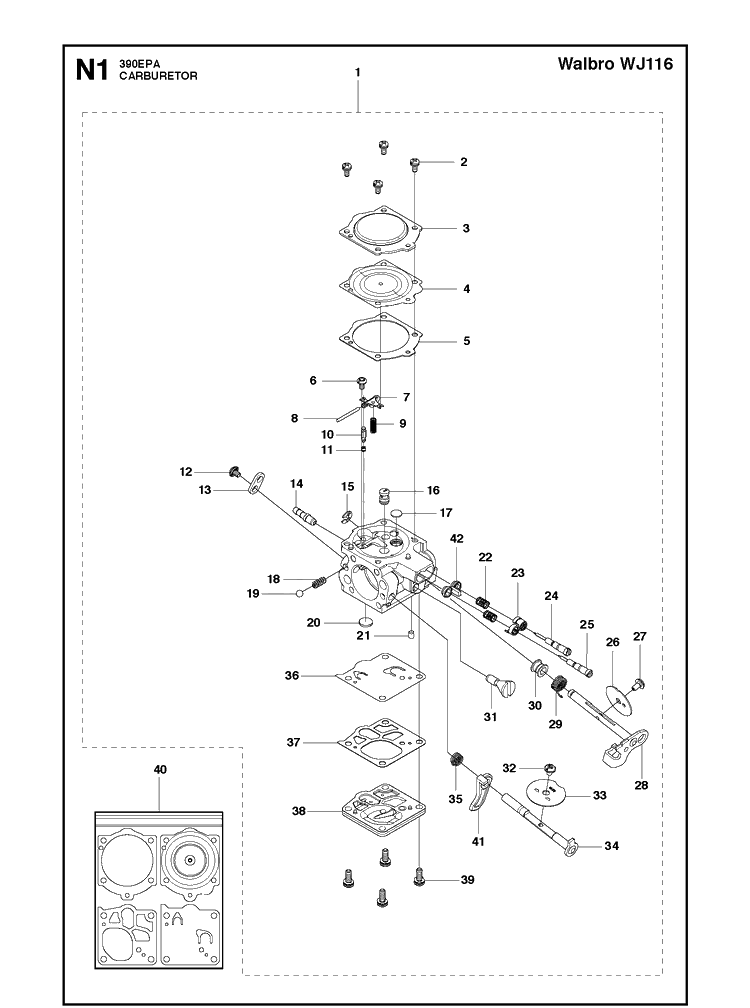 Carburetor 1 Diagram and Parts List for 390 2013-09 Husqvarna Chainsaw