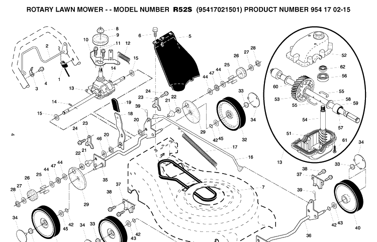 Drive Diagram and Parts List for R52S (95417021501)(2005-02) Husqvarna Lawn Mower