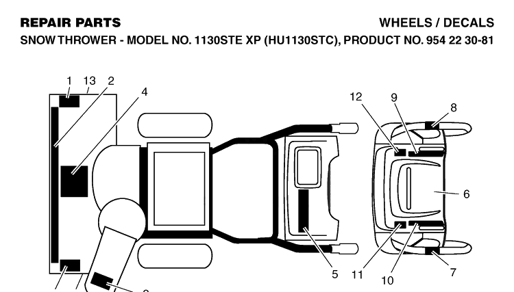 Decals Diagram and Parts List for 1130STEXP (HU1130STC)(2004-07) Husqvarna Snow Blower