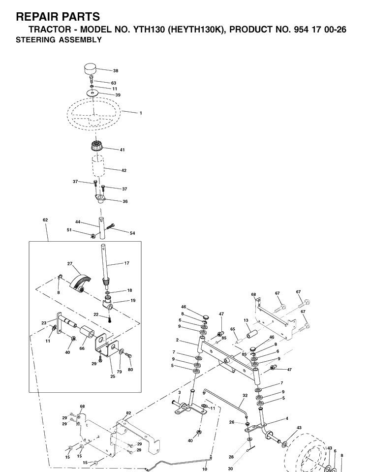 Steering Diagram and Parts List for YTH130 (HEYTH130K)(2001-01) Husqvarna Lawn Tractor