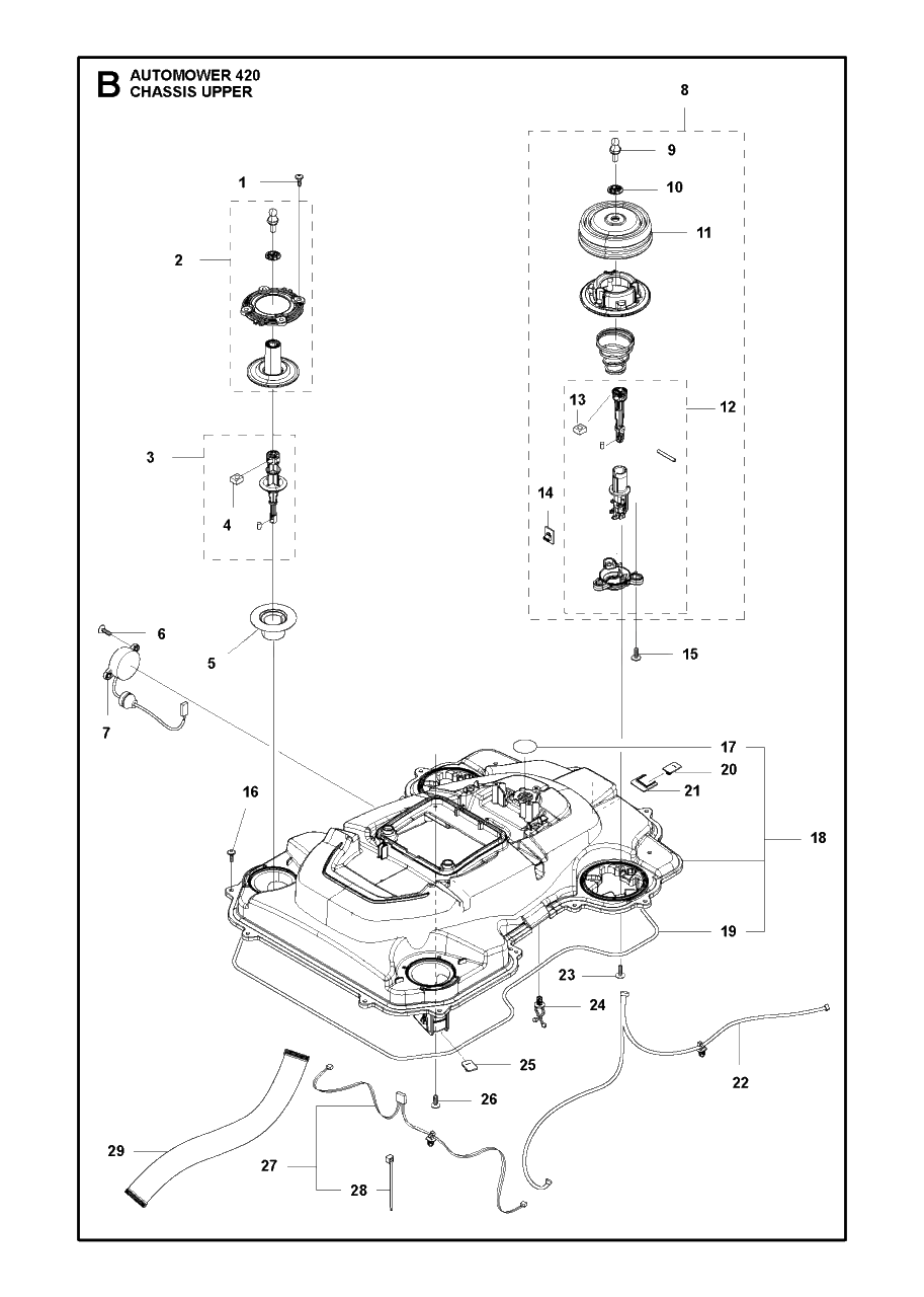 Chassis Upper Diagram and Parts List for 420 2016-02 Husqvarna Lawn Mower