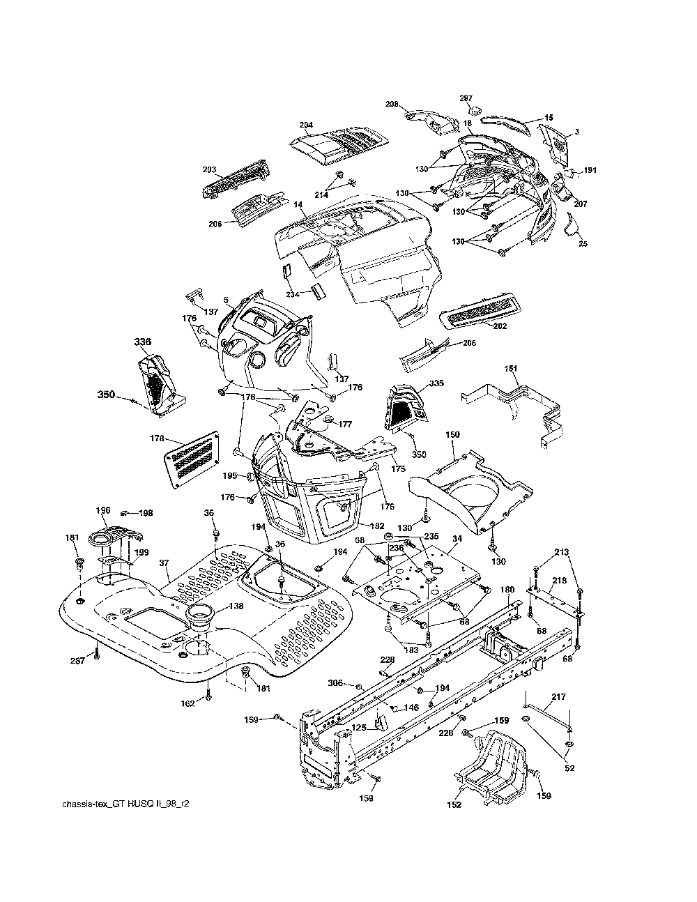 Chassis Diagram and Parts List for YTH22V42-96043017301  Husqvarna Lawn Tractor
