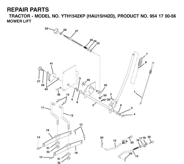 Mower Lift / Deck Lift Diagram and Parts List for YTH1542XP (HAU15H42D)(2003-01) Husqvarna Lawn Tractor