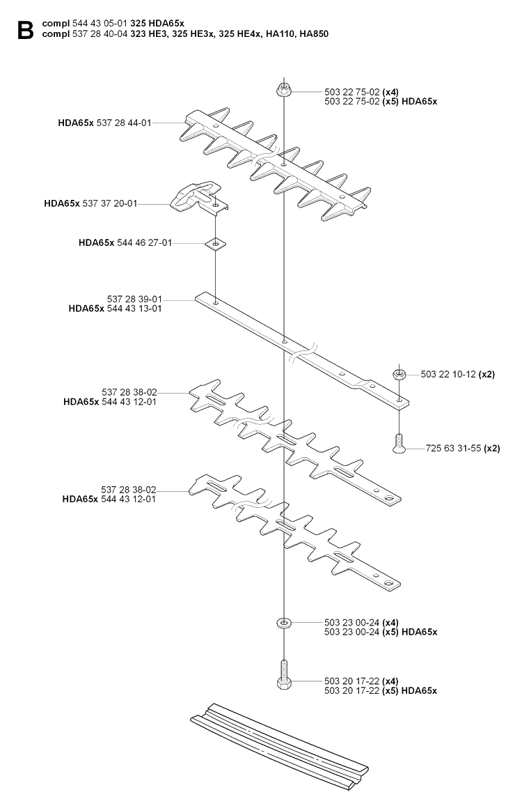 Cutting Equipment Diagram and Parts List for 325HDA65 (X-SERIES)(20070100001-20090900000) Husqvarna Hedge Trimmer