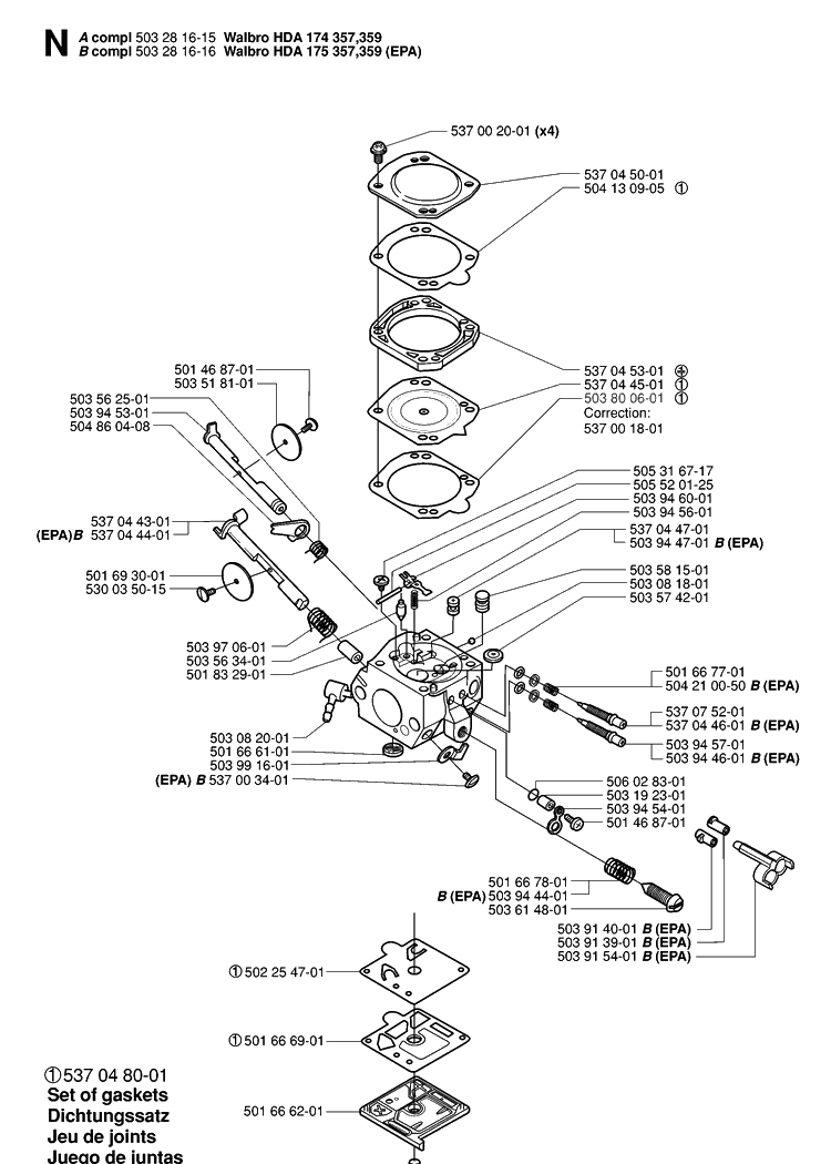 Carburetor Details Diagram and Parts List for 359 20010100001-20014000000 Husqvarna Chainsaw