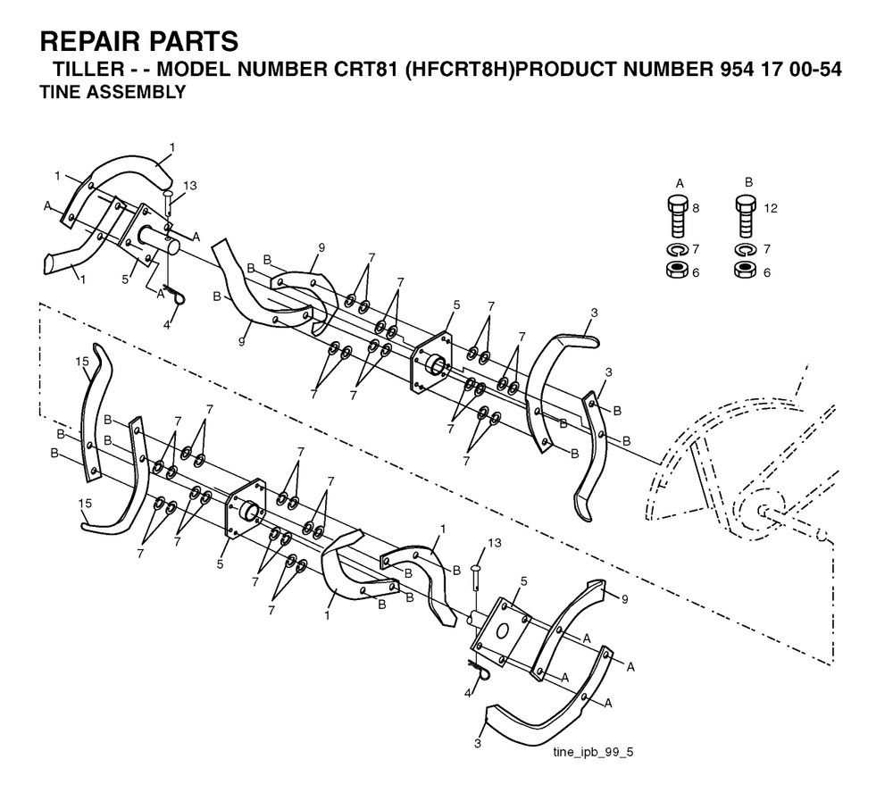 Tine Assembly Diagram and Parts List for CRT81 (954170054-H)(2004-01) Husqvarna Tiller