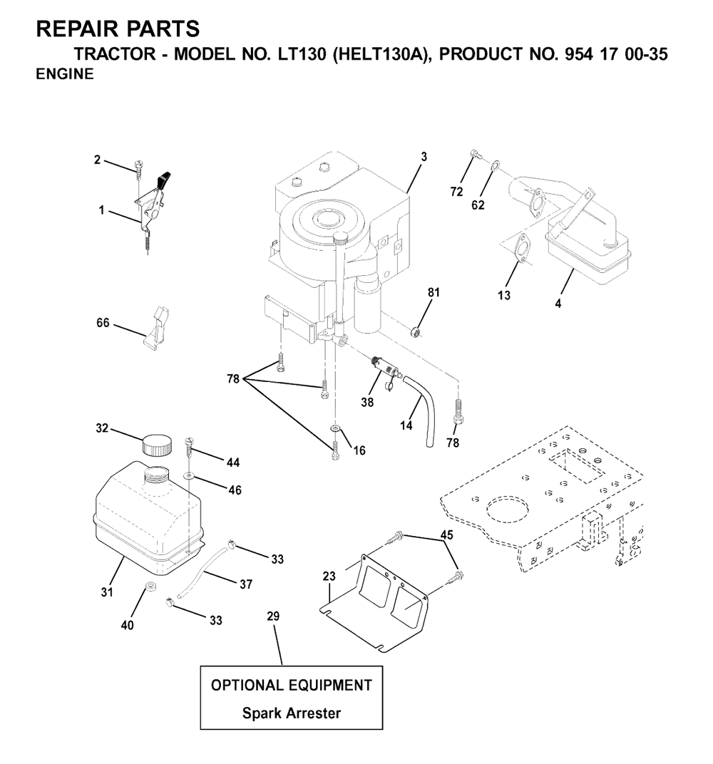 Engine And Cutting Equipment Diagram and Parts List for LT130 (954170035-A)(2001-01) Husqvarna Lawn Tractor