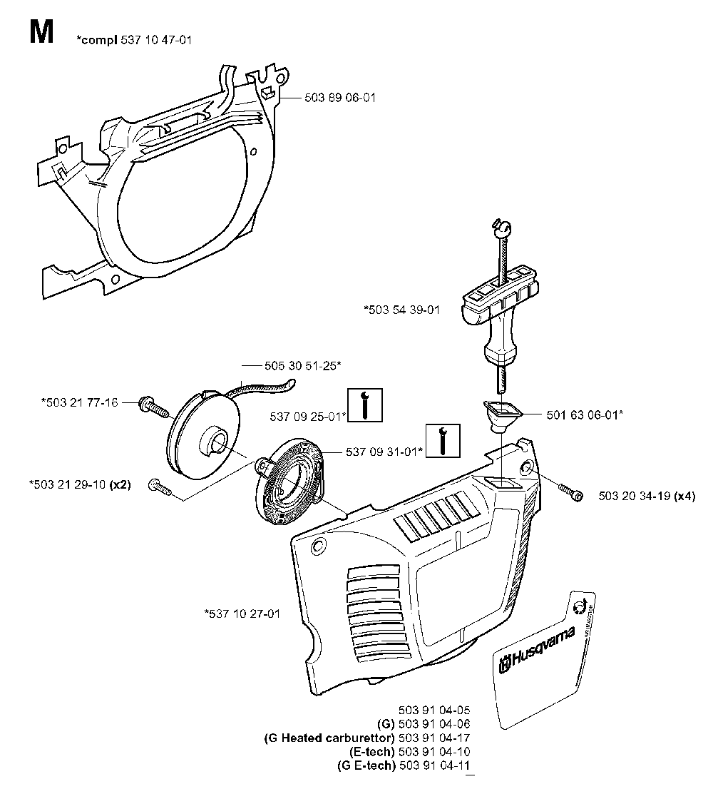 Starter Diagram and Parts List for 351EPA 20012200001 Husqvarna Chainsaw