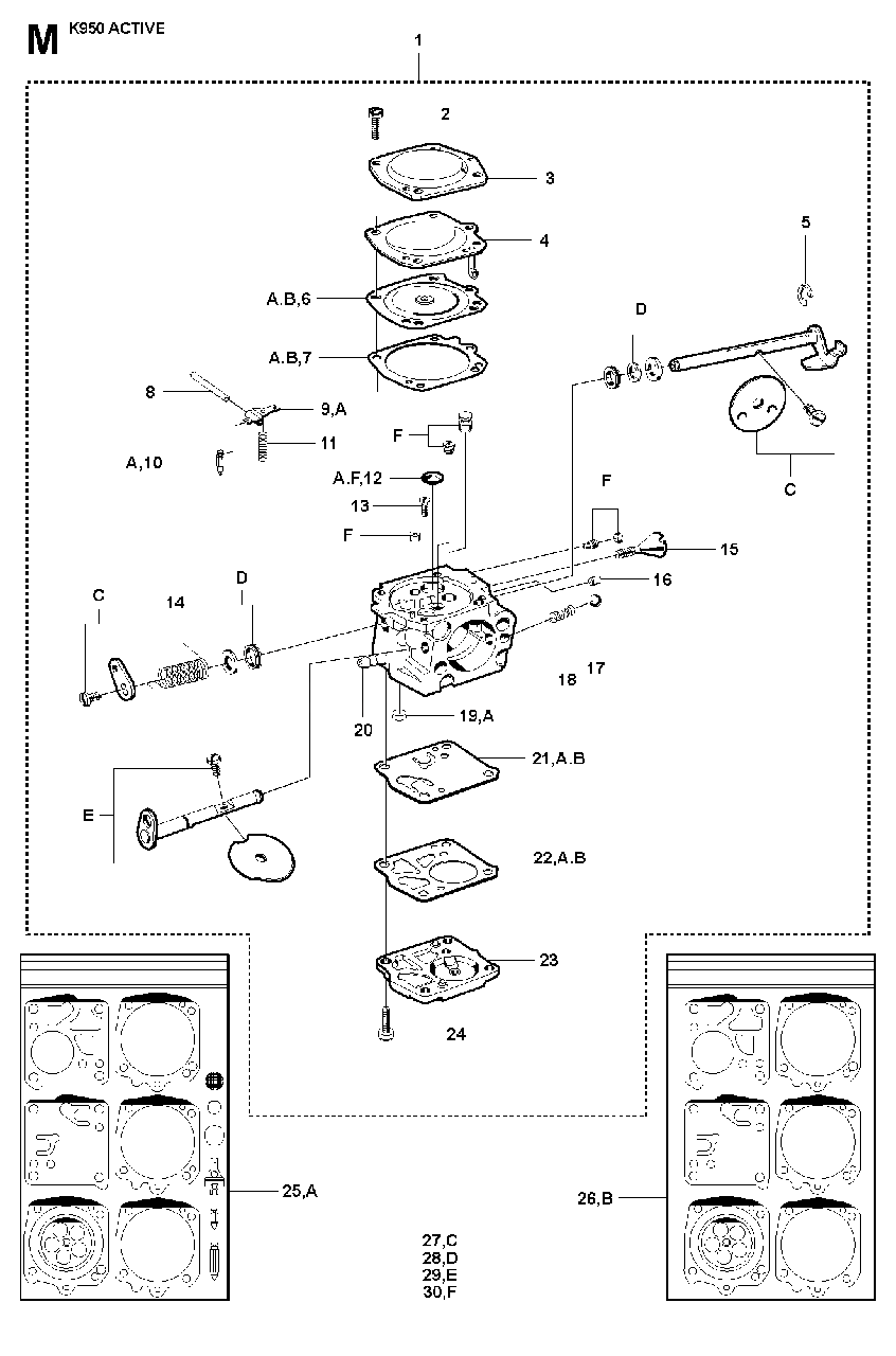 Carburetor Details Diagram and Parts List for K950 2007-01 Husqvarna Circular Saw