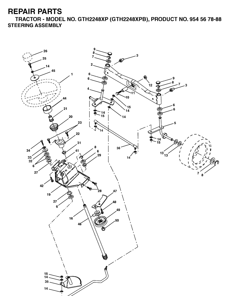 Steering Diagram and Parts List for GTH2248XP-GTH2248XPB 2003-05 Husqvarna Lawn Tractor