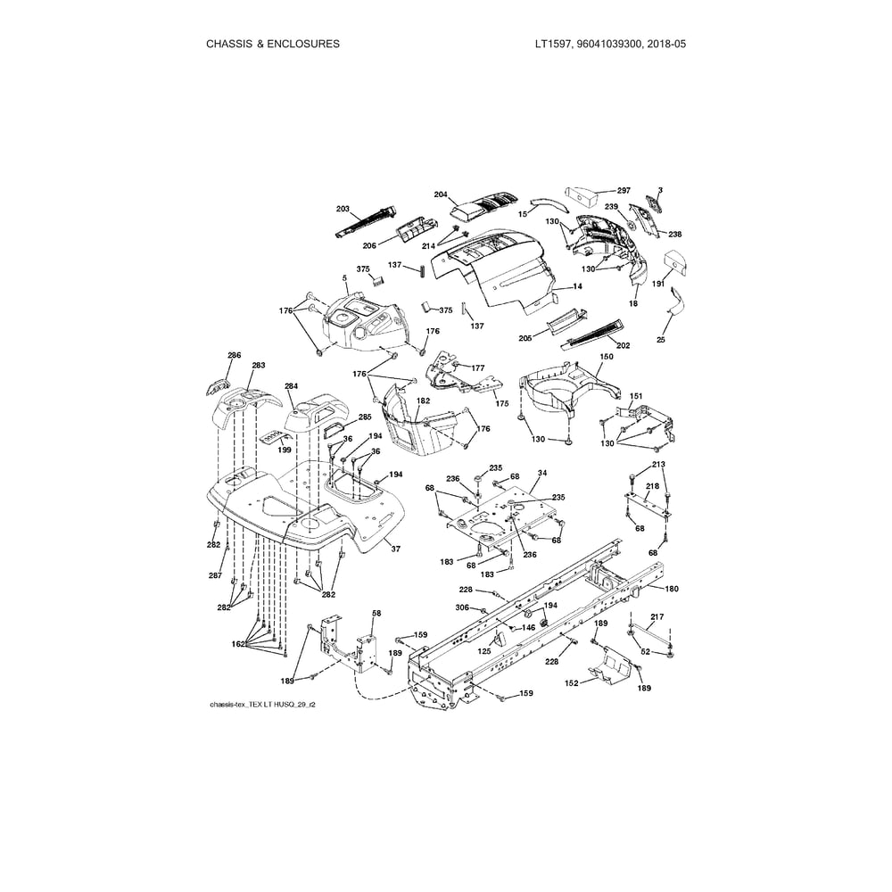 Chassis & Enclosures Diagram and Parts List for 96041039300  Husqvarna Lawn Tractor