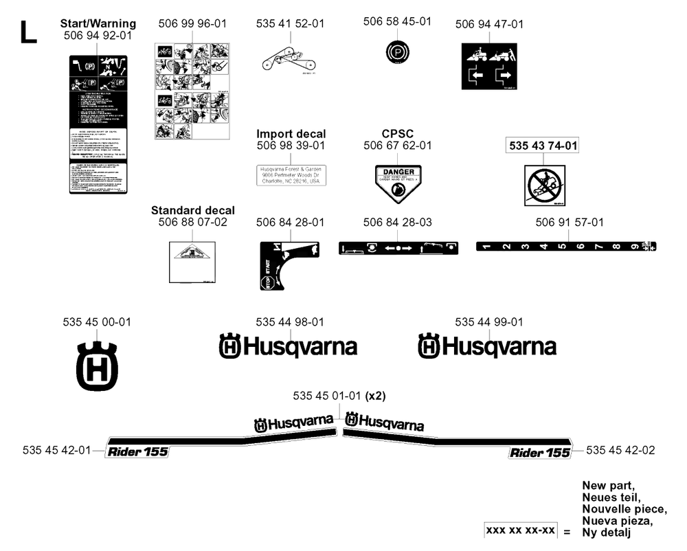 Decals Diagram and Parts List for R155 (953533805)(2005-01) Husqvarna Lawn Tractor