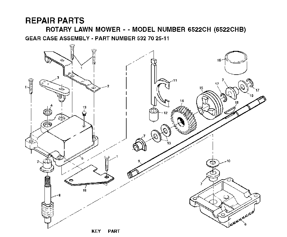 Gear Case Diagram and Parts List for 6522CHB (954222725)(2001-10) Husqvarna Lawn Mower